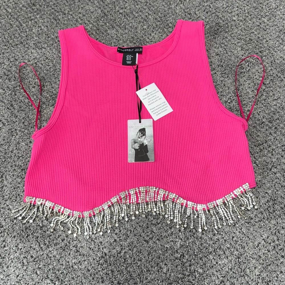 Sincerely Jules Neon Pink, Rhinestone Fribge, Ribbed Crop Tank (NWT)